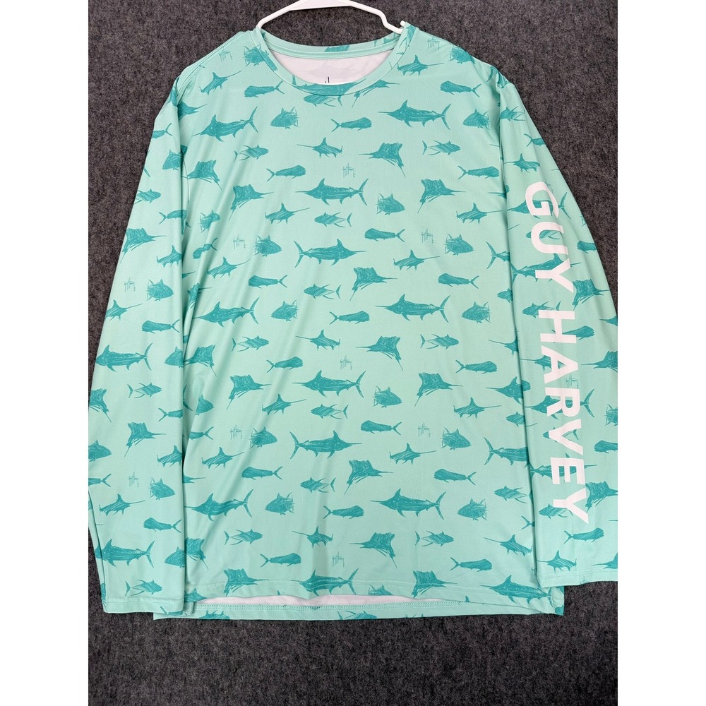 Guy Harvey Mens XL Seafoam Green Marlin Print Long Sleeve Performance Shirt